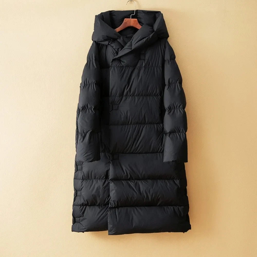 Women's Long Down Puffer Coat with Hood and Zip Front