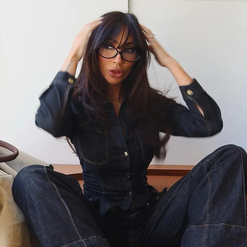 Women's Button Front Denim Shirt and Wide Leg Jeans Set