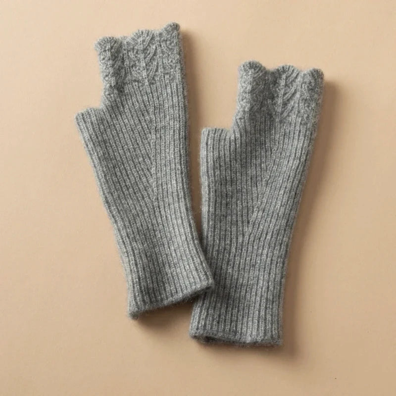 Women's Cashmere Fingerless Gloves with Ribbed Knit Texture