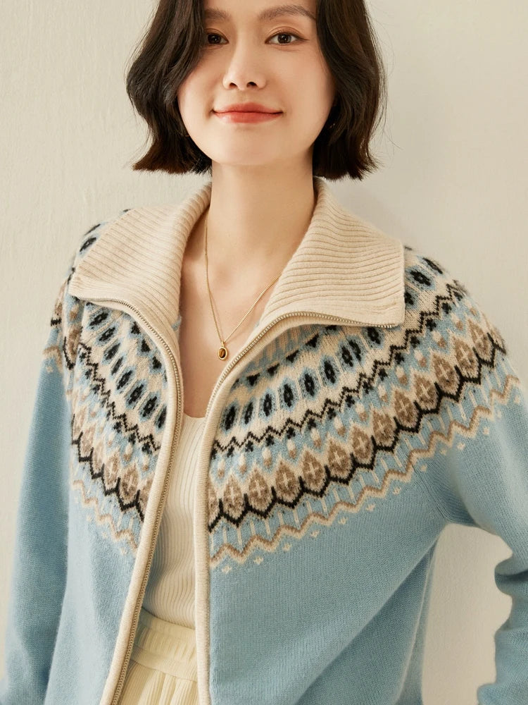 Women's Cashmere Zip Up Cardigan with Fair Isle Pattern and Ribbed Trim