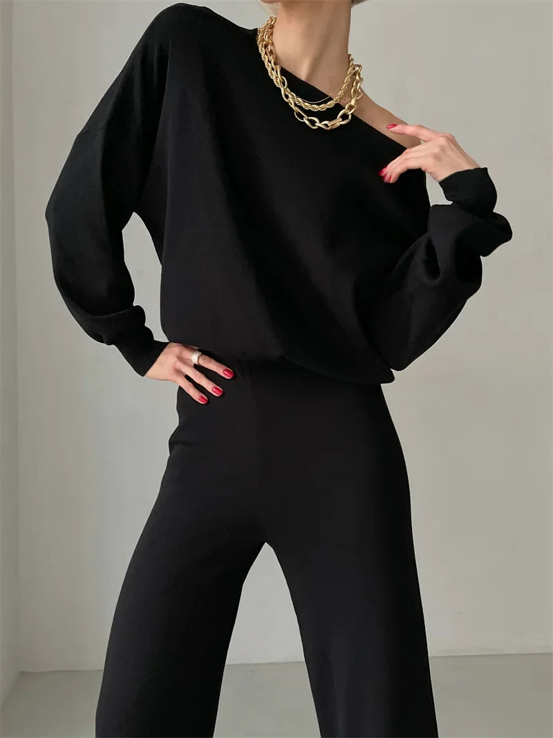 Women's Off Shoulder Knit Sweater and Pants Set with Wide Neck