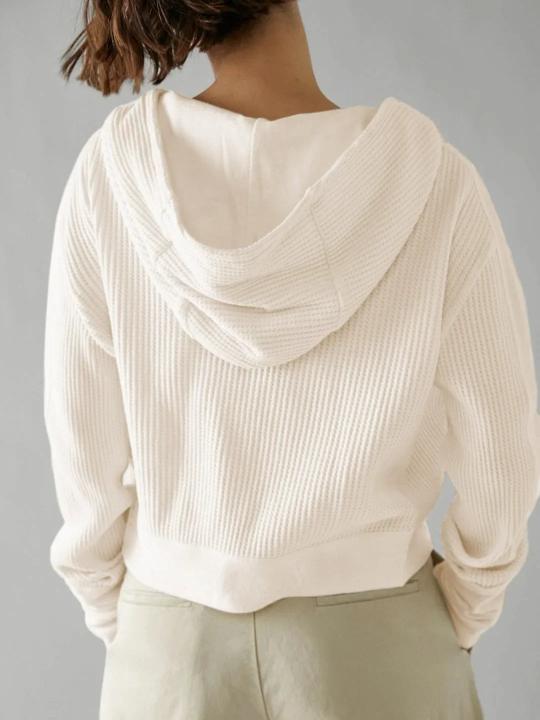 Women's Cropped Waffle Knit Hoodie with Full Zip and Button Collar