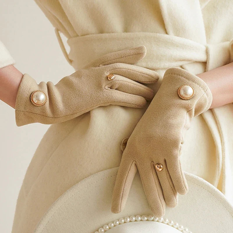 Women's Suede Touchscreen Gloves with Pearl Embellishment