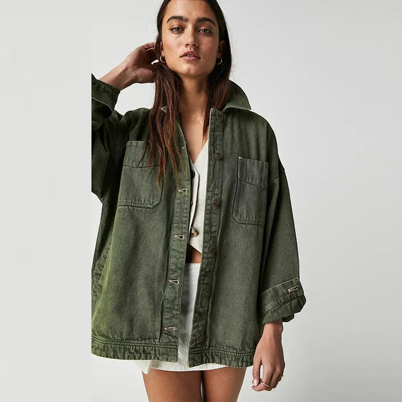 Women's Oversized Denim Shirt Jacket with Button Front and Pockets