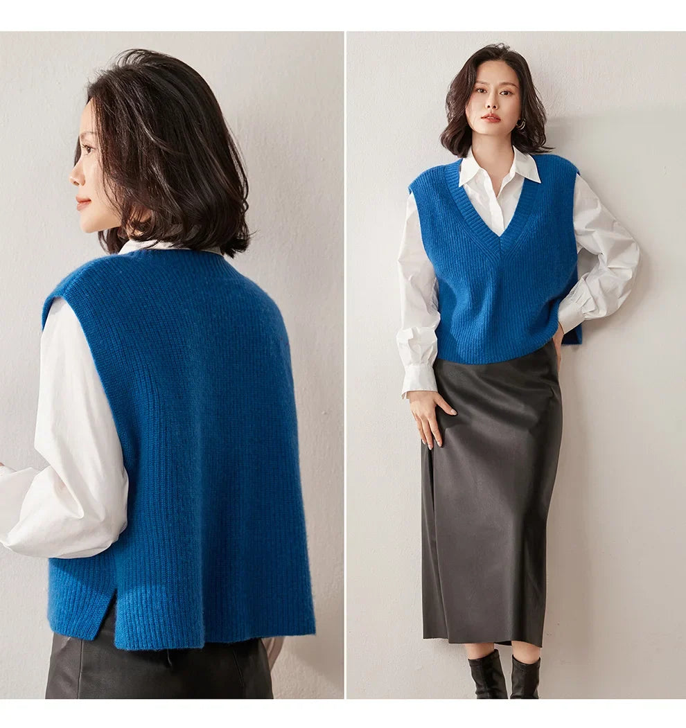 Women's Ribbed Cashmere Sweater Vest with V Neck and Sleeveless Design