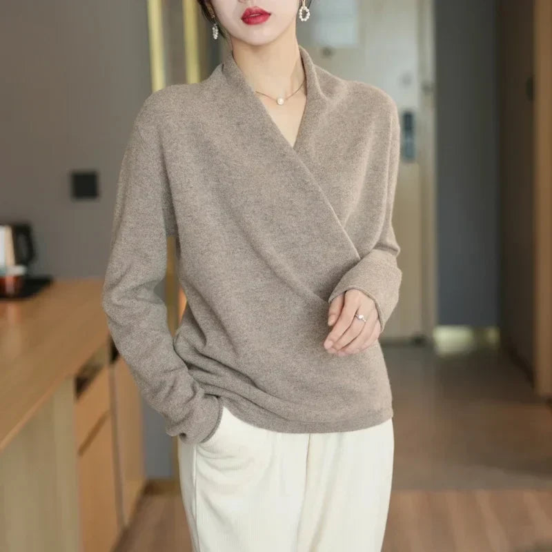 Women's V Neck Knit Sweater with Wrap Front and Long Sleeves