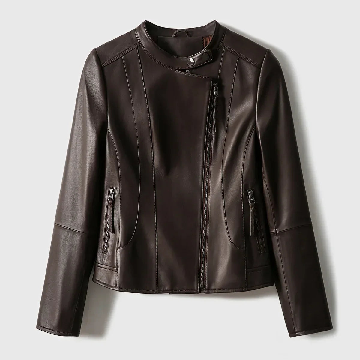 Women's Slim Fit Leather Jacket with Asymmetric Zip and Snap Collar