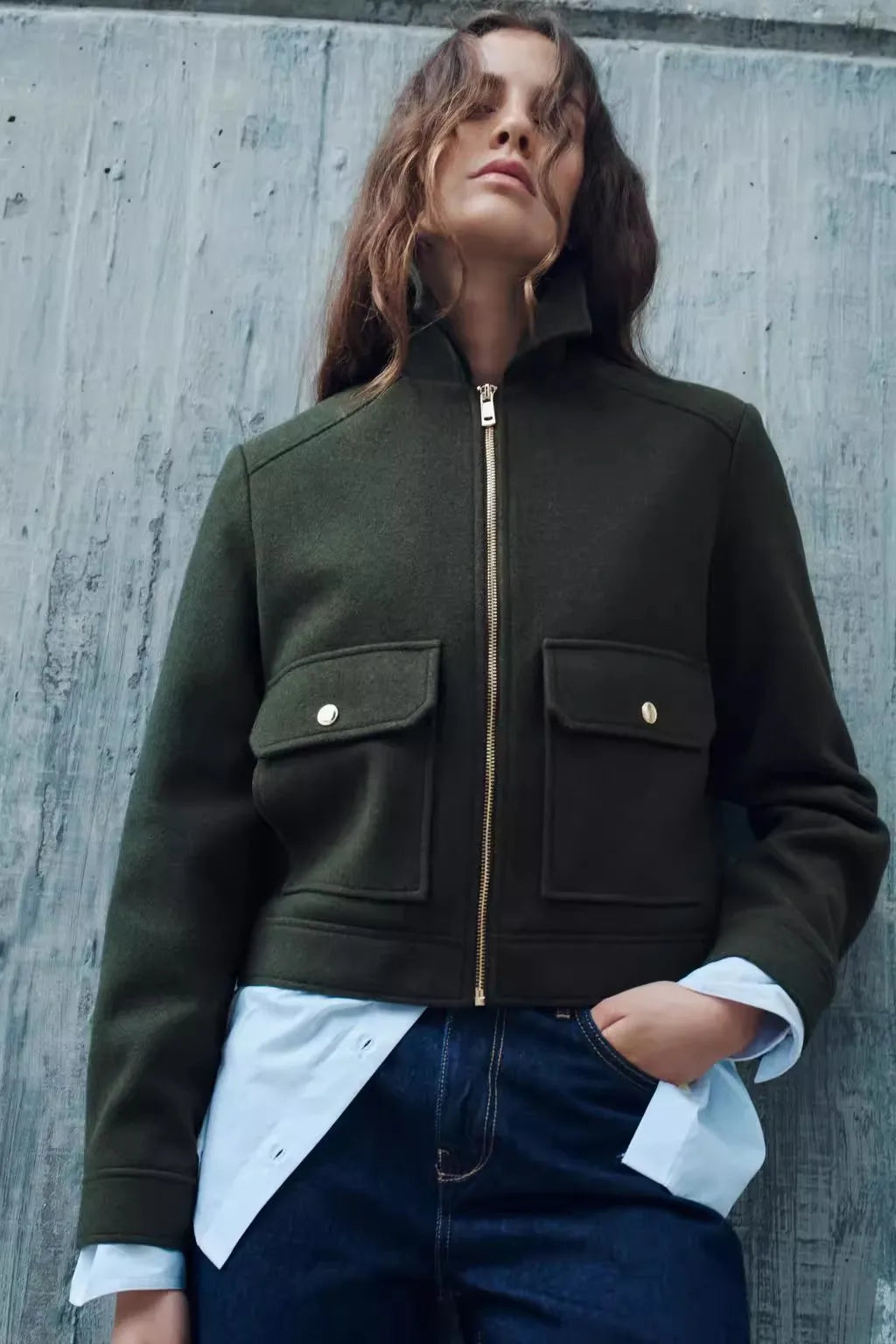 Women's Cropped Wool Blend Utility Jacket with Zip Front and Pockets