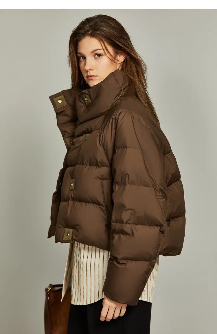 Women's Cropped Quilted Puffer Jacket with High Collar and Snap Buttons