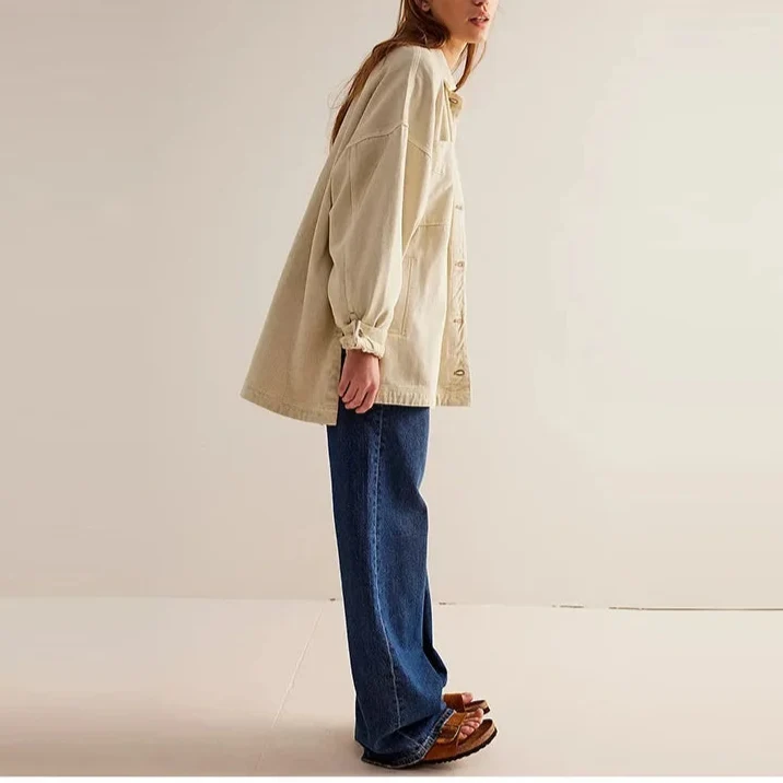 Women's Oversized Denim Shirt Jacket with Button Front and Pockets