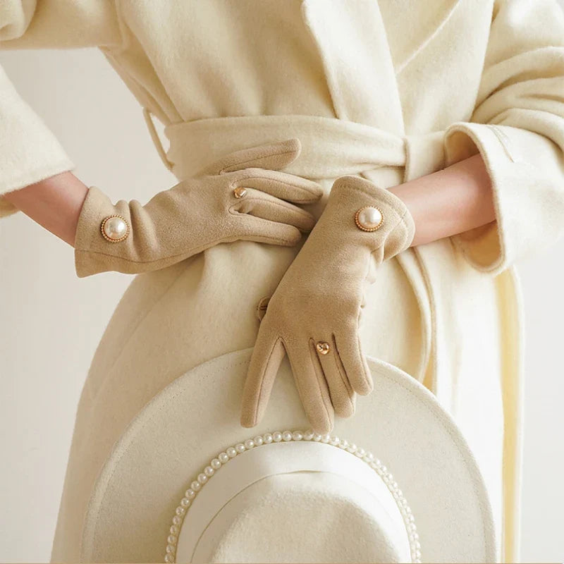 Women's Suede Touchscreen Gloves with Pearl Embellishment