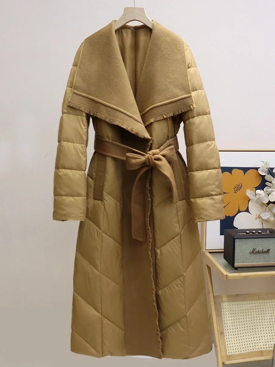 Women's Long Down Coat with Wool Trim and Open Front Design