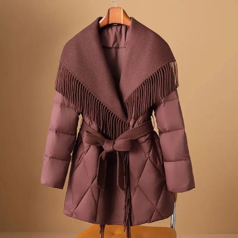 Women's Quilted Down Coat with Fringe Detail and Belted Waist