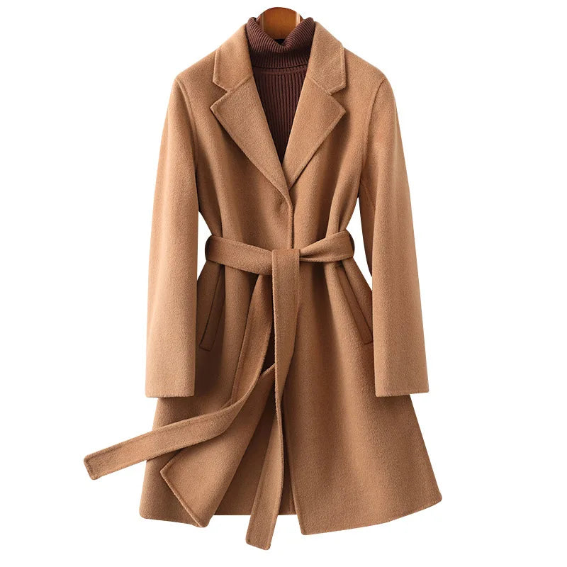 Women's Wool Blend Coat with Tie Belt and Notch Lapel
