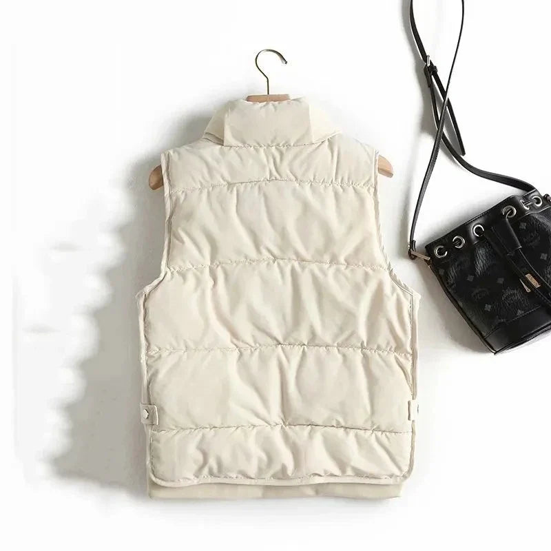 Women's Quilted Puffer Vest with Snap Button Front and Pockets