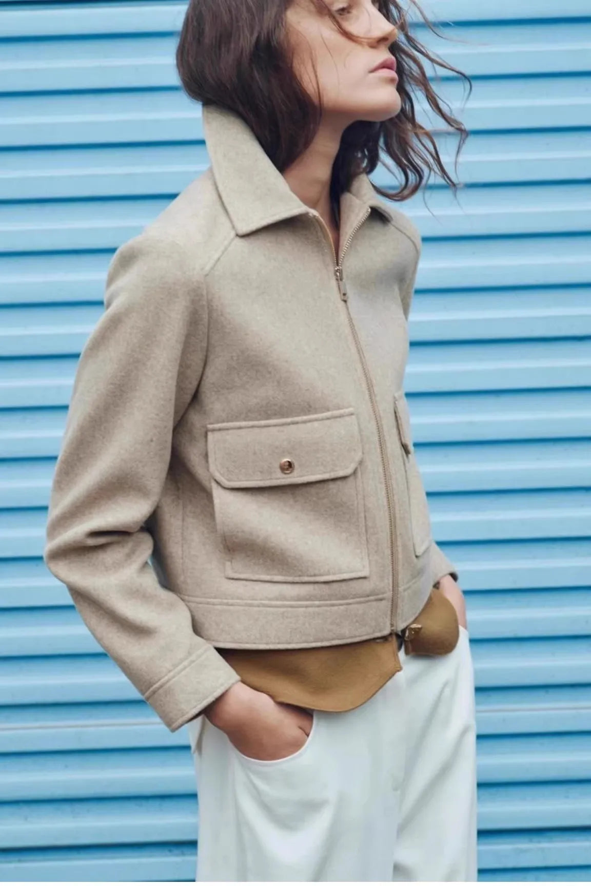 Women's Cropped Wool Blend Utility Jacket with Zip Front and Pockets