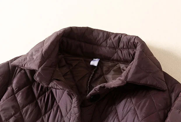 Women's Long Quilted Coat with Drawstring Waist and Button Front