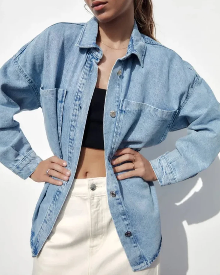 Women's Oversized Denim Shirt with Button Front and Chest Pockets
