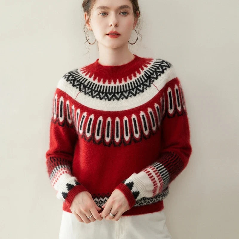 Women's Cashmere Fair Isle Sweater with Crew Neck and Long Sleeves