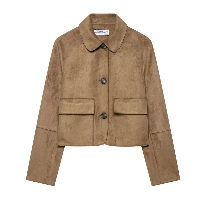 Women's Cropped Suede Jacket with Button Front and Chest Pockets