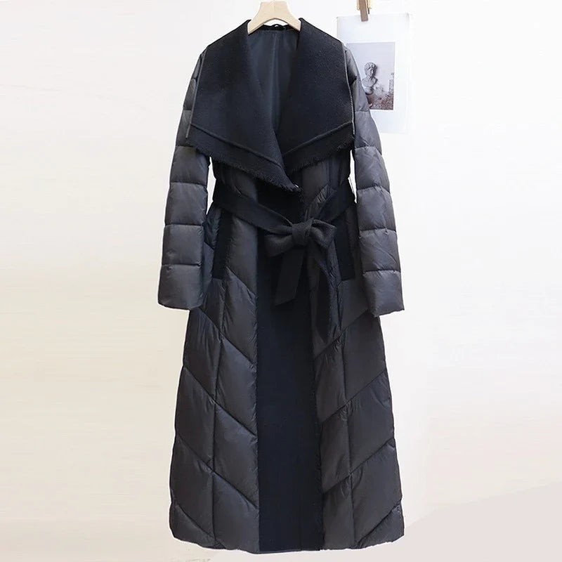 Women's Long Down Coat with Wool Trim and Open Front Design