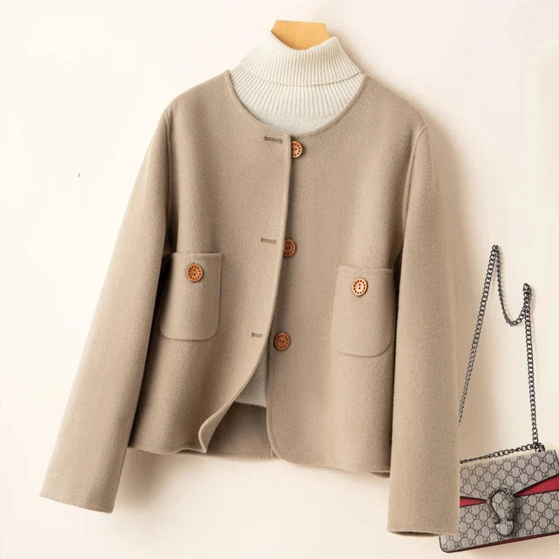 Women's Collarless Wool Jacket with Button Front and Front Pockets