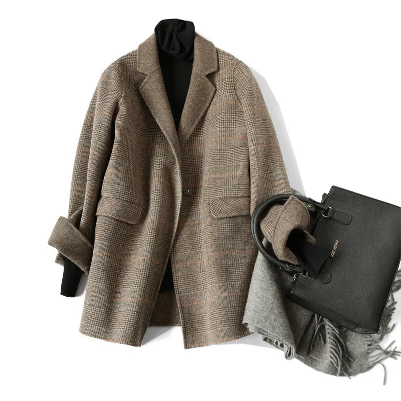 Women's Oversized Plaid Wool Blend Blazer Coat with Front Pockets