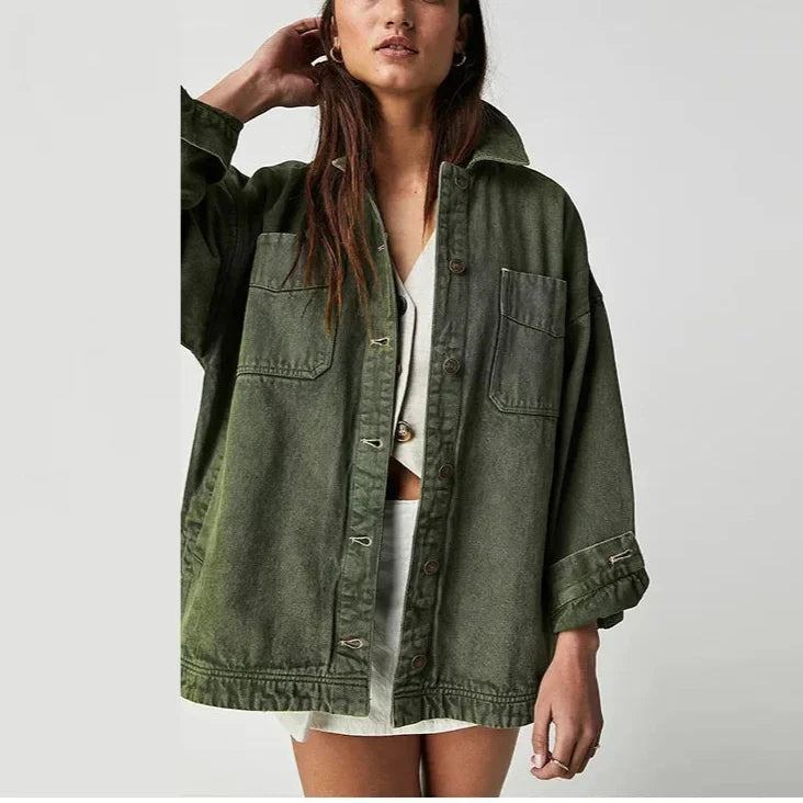 Women's Oversized Denim Shirt Jacket with Button Front and Pockets