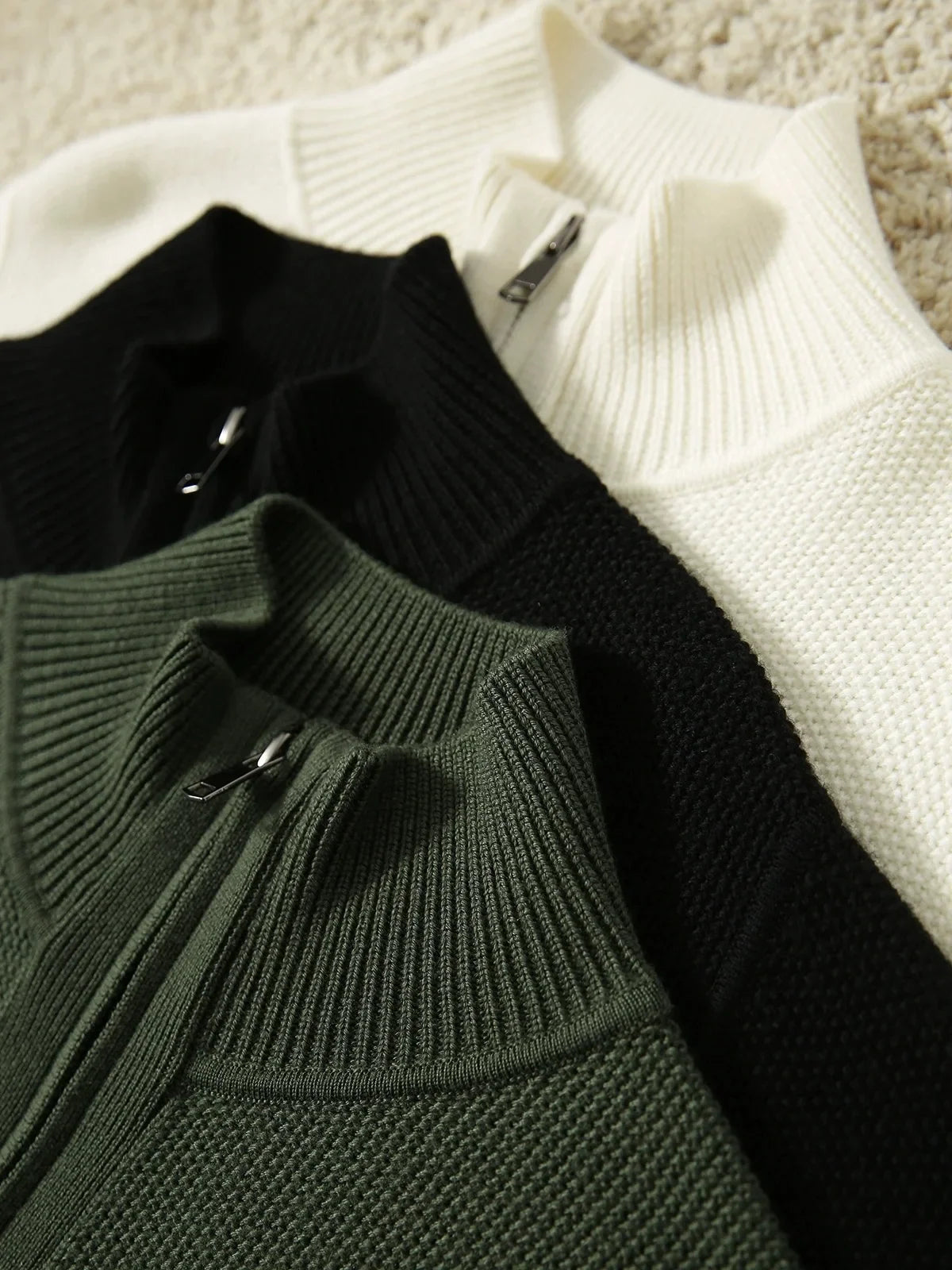Women's Wool Zip Up Cardigan with Ribbed Cuffs and High Collar
