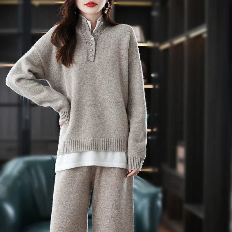 Women's Cashmere Polo Sweater and Pants Set with Button Neck