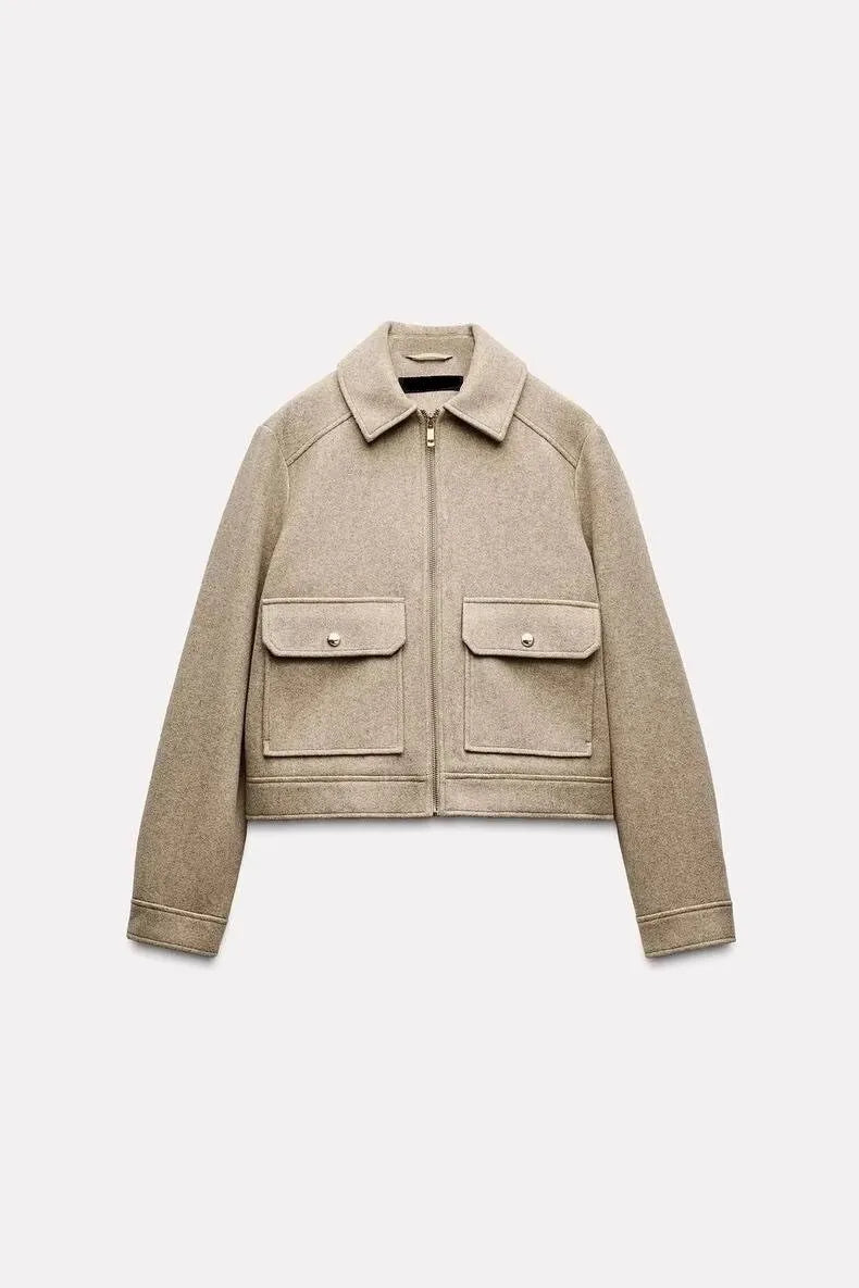 Women's Cropped Wool Blend Utility Jacket with Zip Front and Pockets