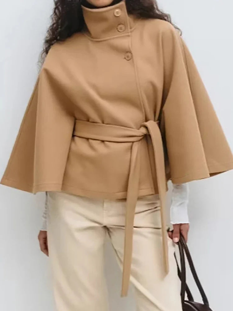 Women's Wool Blend Cape Coat with High Collar and Tie Belt
