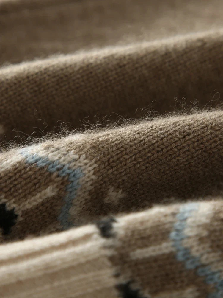 Women's Cashmere Zip Up Cardigan with Fair Isle Pattern and Ribbed Trim