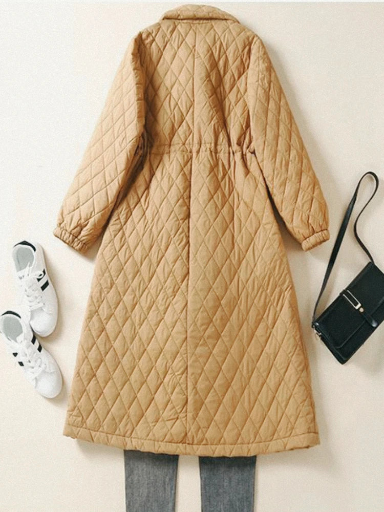 Women's Long Quilted Coat with Drawstring Waist and Button Front