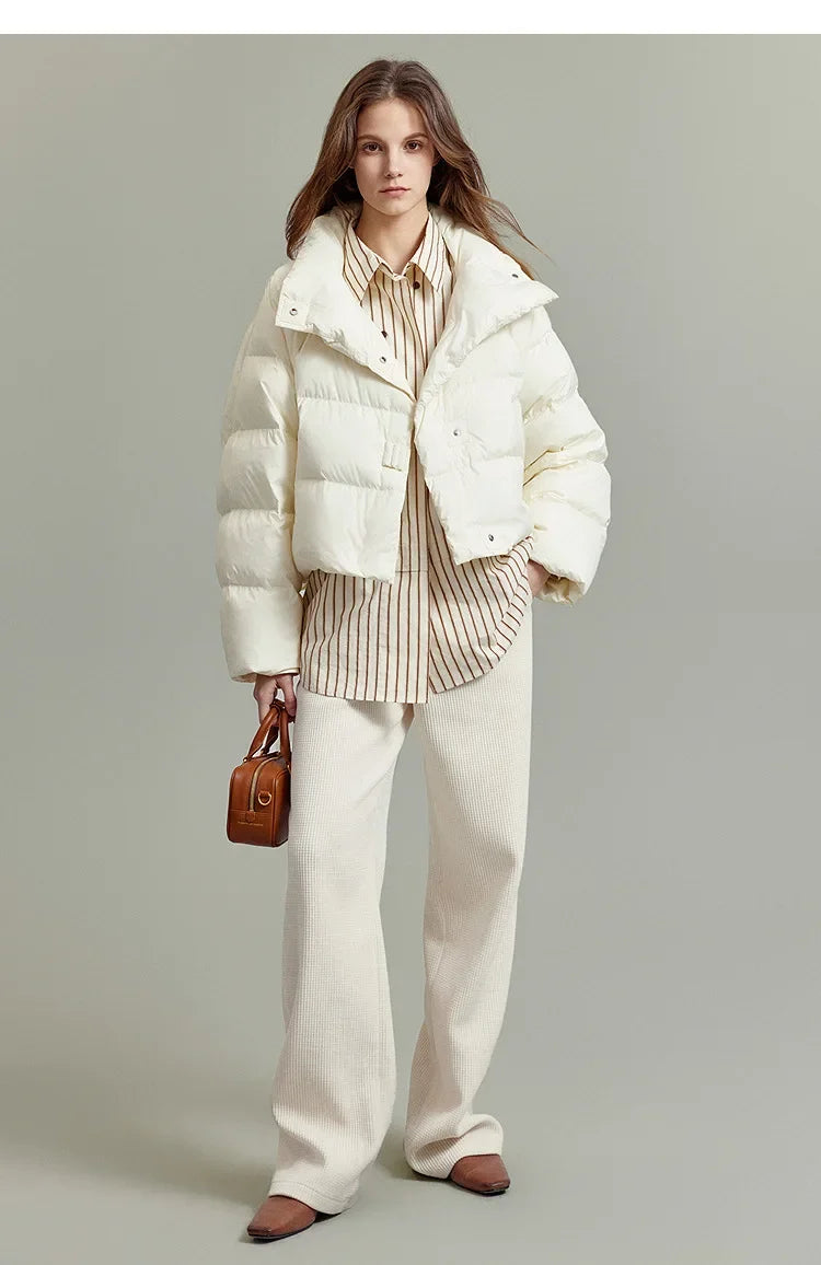 Women's Cropped Quilted Puffer Jacket with High Collar and Snap Buttons
