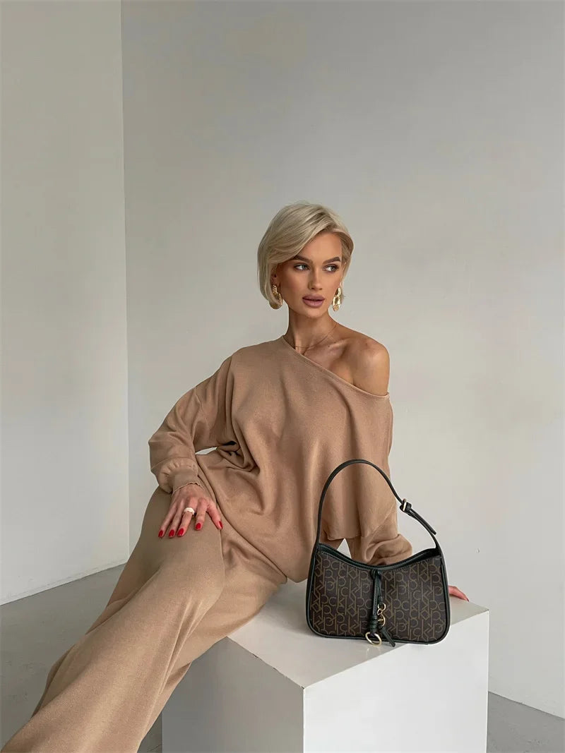 Women's Off Shoulder Knit Sweater and Pants Set with Wide Neck