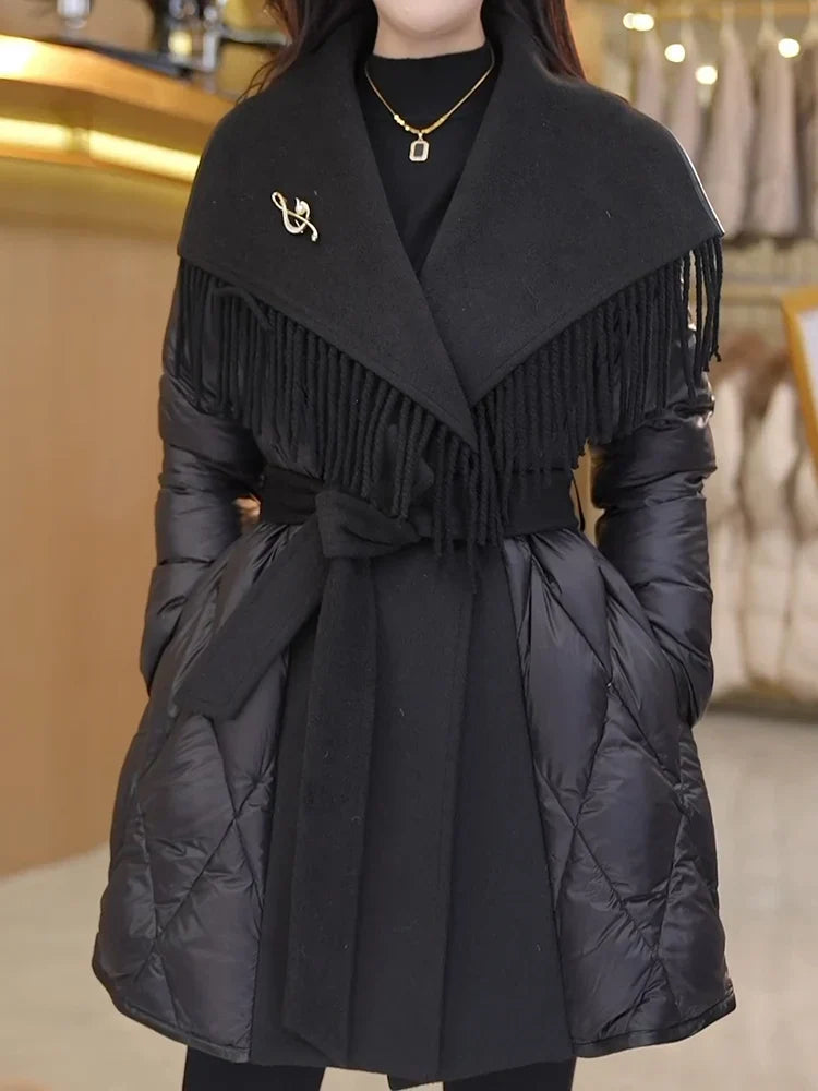 Women's Quilted Down Coat with Fringe Detail and Belted Waist