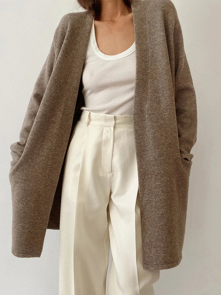 Women's Open Front Knit Cardigan with Pockets and Long Sleeves