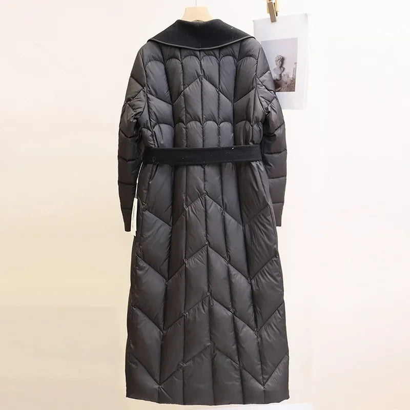 Women's Long Down Coat with Wool Trim and Open Front Design