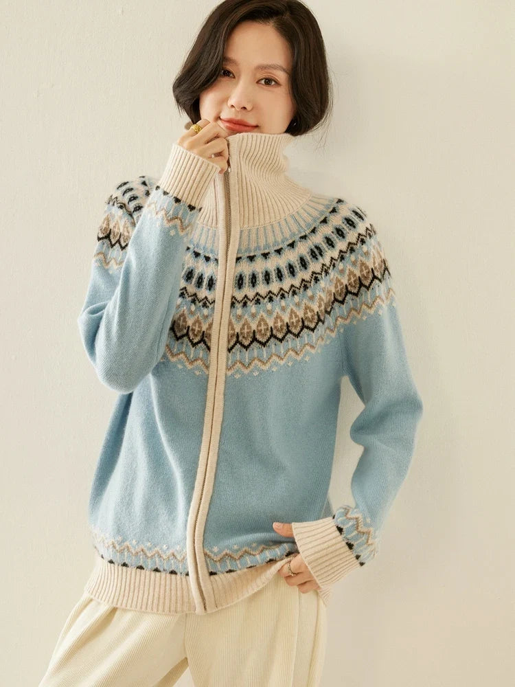 Women's Cashmere Zip Up Cardigan with Fair Isle Pattern and Ribbed Trim