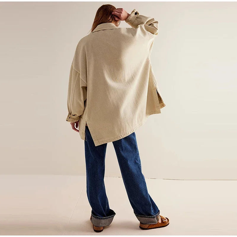Women's Oversized Denim Shirt Jacket with Button Front and Pockets
