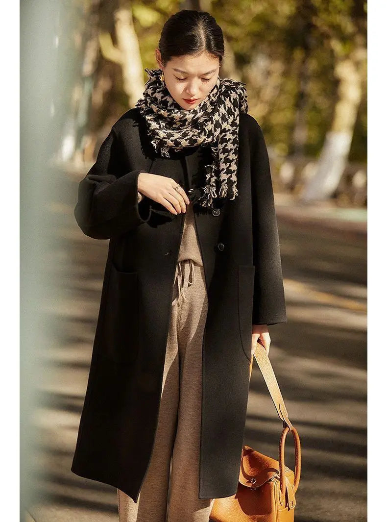 Women's Long Wool Blend Overcoat with Funnel Neck and Button Front