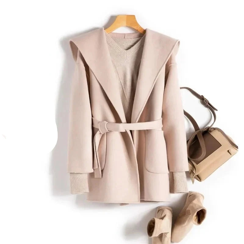 Women's Belted Hooded Wool Blend Coat with Patch Pockets