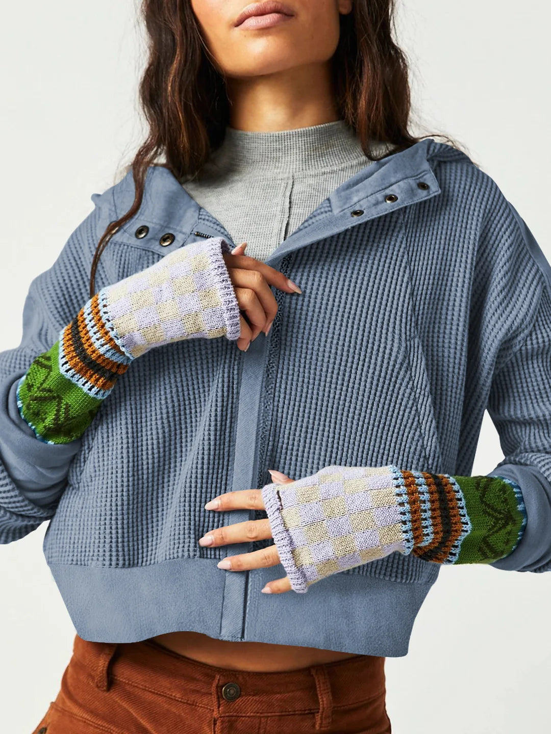 Women's Cropped Waffle Knit Hoodie with Full Zip and Button Collar