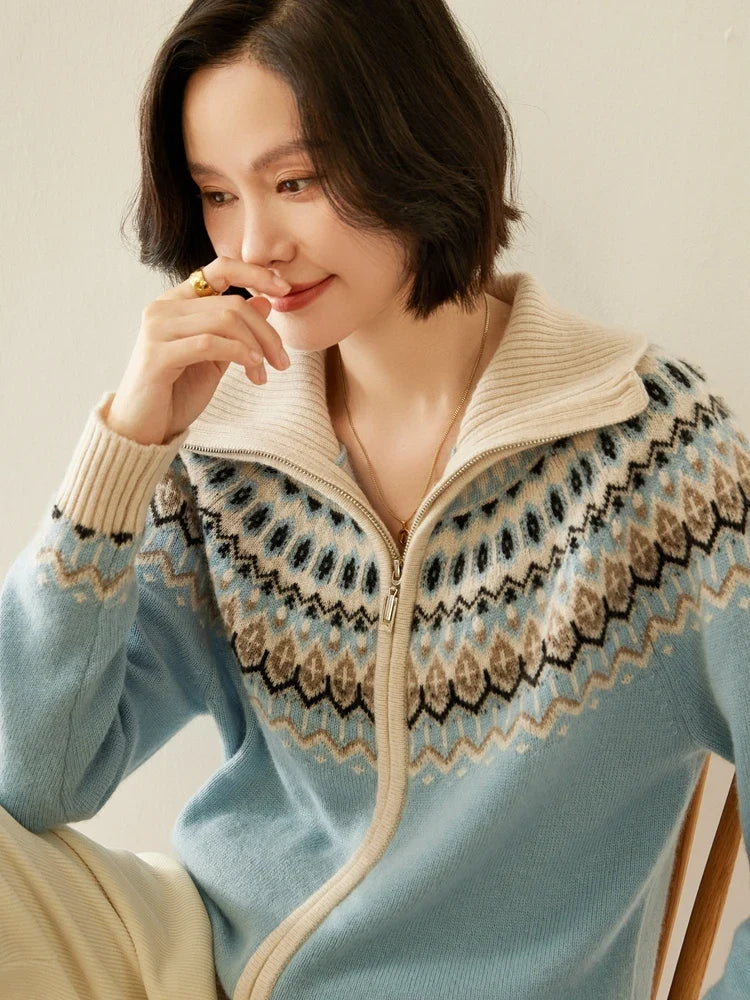 Women's Cashmere Zip Up Cardigan with Fair Isle Pattern and Ribbed Trim
