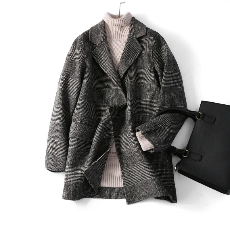 Women's Oversized Plaid Wool Blend Blazer Coat with Front Pockets