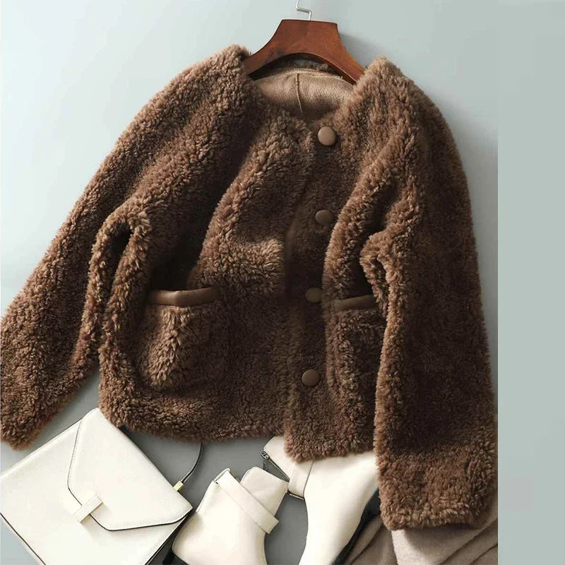 Women's Teddy Fleece Coat with Button Front and Front Pockets