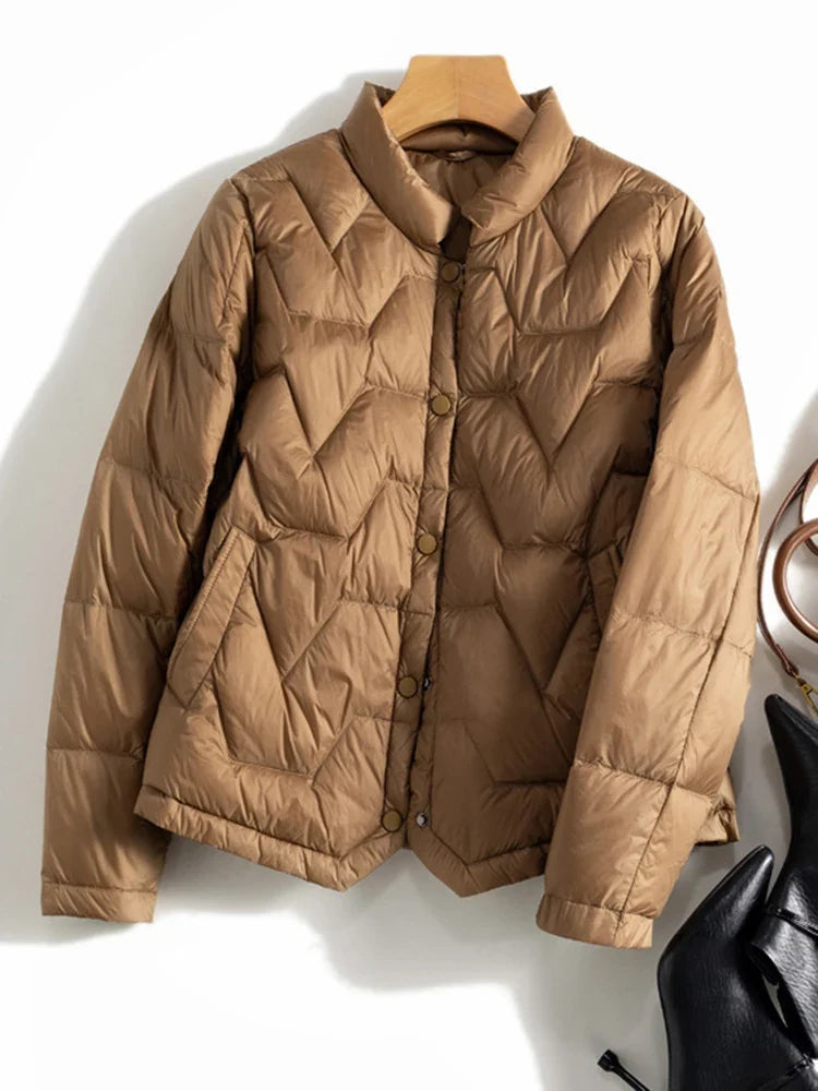 Women's Lightweight Quilted Down Jacket with Snap Button Front