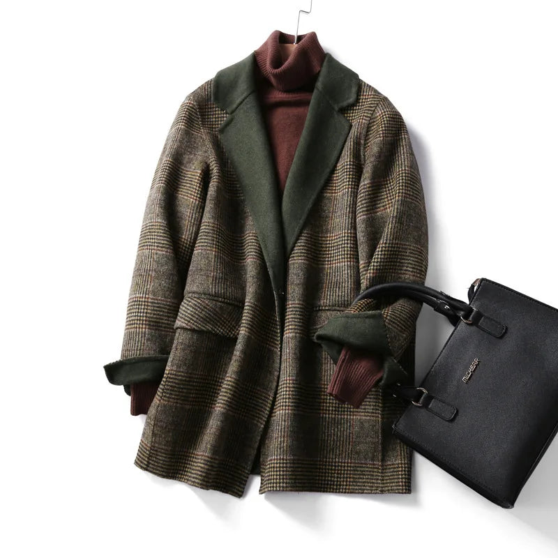 Women's Oversized Plaid Wool Blend Blazer Coat with Front Pockets