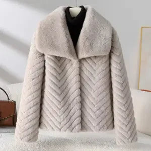 Women's Cropped Faux Fur Jacket with Chevron Quilted Pattern and Collar
